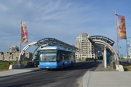 A large suburban bus stop in York Region, near Toronto