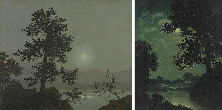 Left: Twilight (c. 1919-1923, private collection), one of Harry Watrous' nocturnes that pays posthumous homage. Right: Blakelock's Moonlight (c. 1888, Yale University Art Gallery).