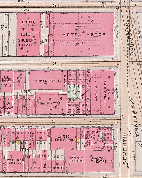 File:"TIMES SQUARE" map in 1916 with "HOTEL ASTOR" "BOOTH THEATRE" "SHUBERT THEATRE" "RIALTO THEATRE" "LYRIC THEATRE" THE LITTLE THEATRE" "TIMES ANNEX" "ST. LUKES" LUTHERN CHURCH, from- Bromley Manhattan Plate 071 publ. 1916 (cropped).jpg