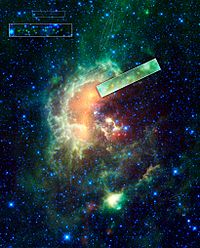 Jens (yellow-green dots) transists near the center of the Tadpole Nebula. (1719) Jens, asteroid, passing in front of Tadpole nebula.jpg