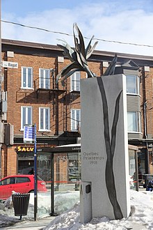 Monument in Quebec City commemorating the four people who died in the riots of late March 1918 Emeutes de 1918 - Monument - 17 mars 2018.jpg