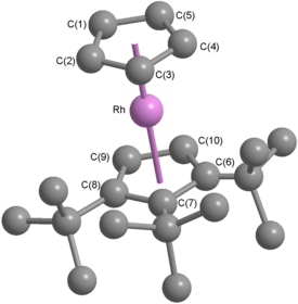 Adapted from Donovan-Merkert et al. crystal structure determination, a representation of the cation from the [(e -C5 Bu3H2)Rh(e -C5H5)]BF4 salt showing the carbon atom numbering. The near-vertical line contained within the plane of symmetry (in purple) joins the metal centre to the centroids of the cyclopentadienyl ligands. Hydrogen atoms are omitted for clarity. 1,2,3-tri-tert-butylrhodocenium.png