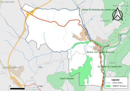 Carte des ZNIEFF de type 1 de la commune d'Aguessac (Aveyron).