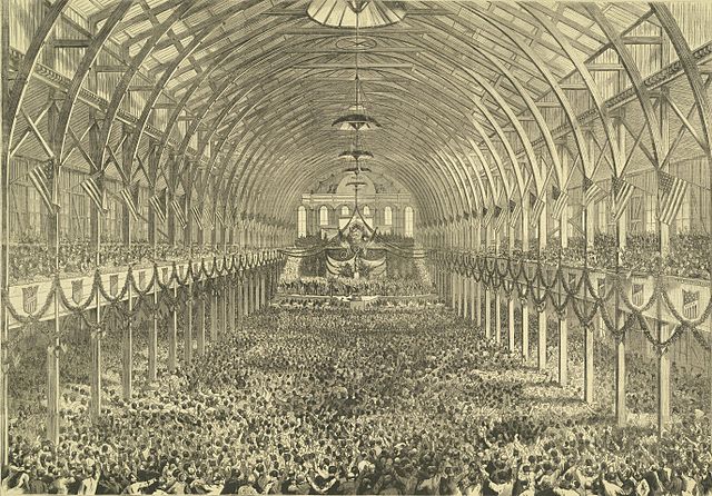 Interior of the convention hall during the announcement of Horace Greeley as the party's nominee for president in 1872