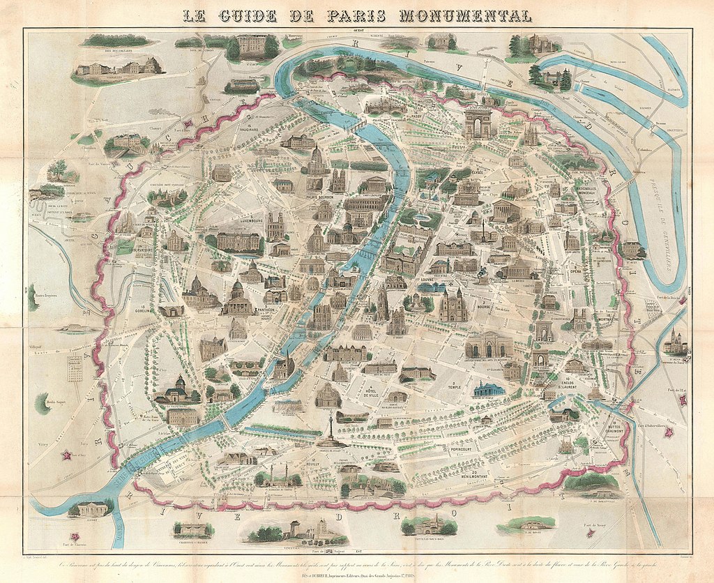 1878 Testard pictorial map of Paris with monuments