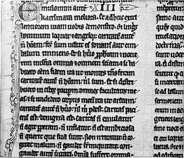 Biblie latină din sec. XIII. Cerneala neagră a fost folosită pentru scriere deoarece oferea cel mai mare contrast cu hârtia albă, fiind culoarea cel mai ușor de citit.