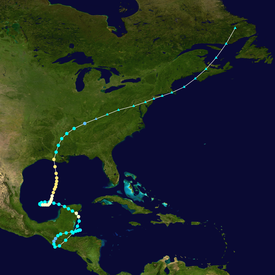 Un mapa de la tormenta, que muestra varios bucles en su camino a medida que avanzaba desde el Mar Caribe occidental hasta los Estados Unidos y hacia el norte hacia Canadá.