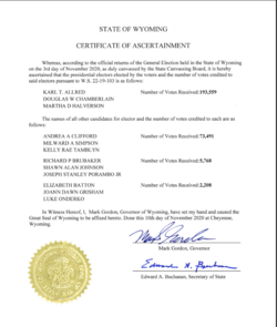 Wyoming's Certificate of Ascertainment for the 2020 United States presidential election. Note that neither political parties nor their tickets are mentioned. 2020-11-03 Wyoming Certificate Of Ascertainment Electoral College.png
