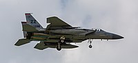 A US Air Force F-15C Eagle, tail number 85-0098, on final approach at Kadena Air Base in Okinawa, Japan. The aircraft is assigned to the 67th Fighter Squadron.