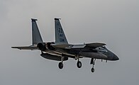 A US Air Force F-15C Eagle, tail number 85-0114, on final approach at Kadena Air Base in Okinawa, Japan.