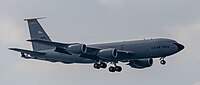 A KC-135R Stratotanker, tail number 63-8888, on final approach at Kadena Air Base in Okinawa, Japan in March 2020. It is assigned to the 909th Air Refueling Squadron at Kadena AB.