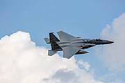 An F-15C Eagle, tail number 86-0160, taking off from RAF Lakenheath in England. The aircraft was assigned to the 493rd Fighter Squadron.