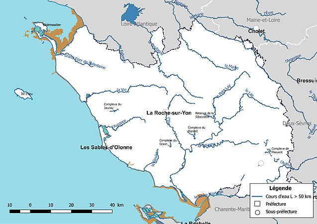 Carte des cours d'eau de longueur supérieure à 50 km de la Vendée.