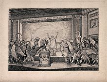A performance of the play Birds by Aristophanes; a man is pe Wellcome V0040121.jpg