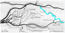 Verlegung der Maasmündung 1904: hellblau alter Verlauf, dunkelblau heutiger Verlauf