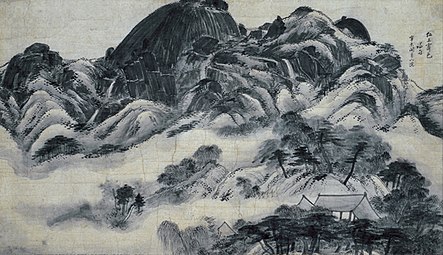 Le mont Inwang après la pluie. Jeong Seon, 1676-1759. Encre sur papier coréen, 1751. L. 138.2 cm. Musée d'Art Ho-Am[79].