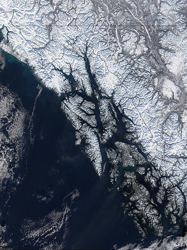 A MODIS photograph of Southeast Alaska, February 2002. Border lines with Yukon and British Columbia have been artificially added.