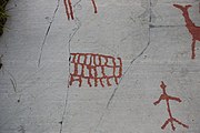 English: Rock art in the world heritage area in Alta, Norway. This is from the area Bergbukten 4b, a group of 195 figures. 22-24 m above sea level, and 6000-7000 years old.