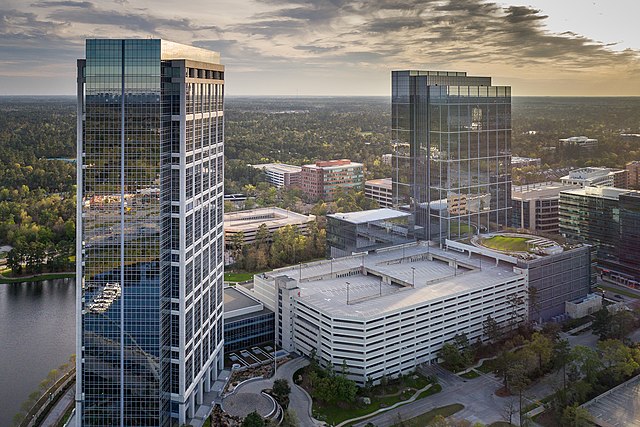 An aerial view of Allison Tower and Hackett Tower, the two buildings that serve as the headquarters for Anadarko Petroleum Corporation.