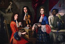 Tableau montrant quatre hommes, trois musiciens (clavecin, violon, partition) et un homme de couleur tenant un perroquet