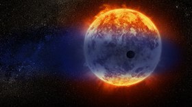 Kunstnerens indtryk af planeten GJ 3470 b i transit foran sin stjerne og på den gas, der undslipper fra den.