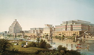 19th-century reconstruction of Nineveh, made capital under Sennacherib Artist's impression of Assyrian palaces from The Monuments of Nineveh by Sir Austen Henry Layard, 1853.jpg