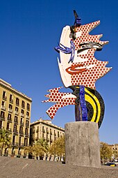 Roy Lichtenstein's sculpture El Cap de Barcelona recreates the appearance of Ben Day dots. Barcelona (3392396182).jpg