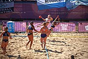 Deutsch: Beachhandball bei den Olympischen Jugendspielen 2018; Tag 3, 10. Oktober 2018; Mädchen, Vorrunde, Gruppe B - Niederlande-Argentinien 2:0 English: Beach handball at the 2018 Summer Youth Olympics at 10 October 2018 – Girls Preliminary Round Group B‎ – Netherlands-Argentina 2:0