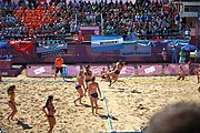 Deutsch: Beachhandball bei den Olympischen Jugendspielen 2018; Tag 3, 10. Oktober 2018; Mädchen, Vorrunde, Gruppe B - Niederlande-Argentinien 2:0 English: Beach handball at the 2018 Summer Youth Olympics at 10 October 2018 – Girls Preliminary Round Group B‎ – Netherlands-Argentina 2:0