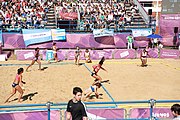 Deutsch: Beachhandball bei den Olympischen Jugendspielen 2018; Tag 3, 9. Oktober 2018; Mädchen, Vorrunde, Gruppe A - Chinese Taipei (Taiwan)-Mauritius 2:0 English: Beach handball at the 2018 Summer Youth Olympics at 9 October 2018 – Girls Preliminary Round Group A‎ – Chinese Taipei-Mauritius 2:0