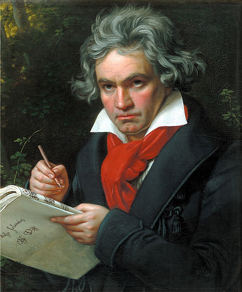 Ludwig van Beethoven door Joseph Karl Stieler, 1820, Beethoven-Haus Bonn. Beethoven schrijft in het manuscript van de Missa Solemnis opus 123 (1818–1823).