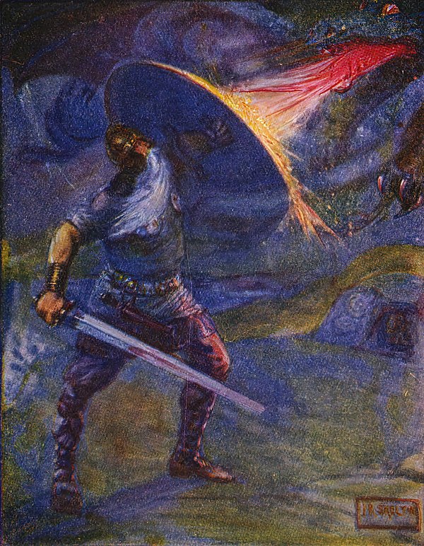 Beowulf fights his dragon to the death in a 1908 illustration by Joseph Ratcliffe Skelton.