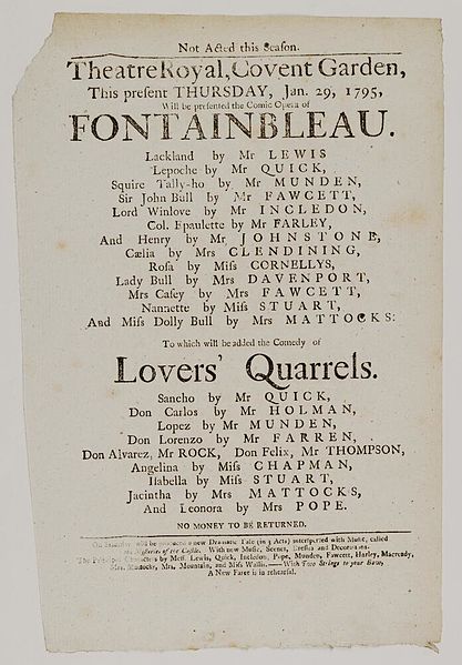 File:Bodleian Libraries, Playbill of Covent Garden, Thursday, Jan. 29, 1795, announcing Fontainbleau &c..jpg