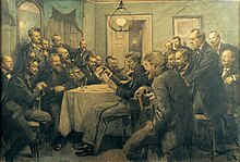 A meeting in the association Bogstaveligheden on 1 March 1882. Seated from left: Erik Skram, Georg Brandes, Sophus Schandorph, Holger Drachmann, Edvard Brandes, Viggo Johansen, August Jerndorff, Herman Trier, J.P. Jacobsen, P.S. Kroyer, Karl Madsen, Pietro Krohn, Kristian Zahrtmann. Standing from left: F. Hendriksen, Karl Gjellerup, Otto Borchsenius, Hans Nic. Hansen, Martinus Galschiot, Laurits Tuxen, Harald Hoffding, Michael Ancher. Drawn by Erik Henningsen, c. 1910 Bogstaveligheden.jpg