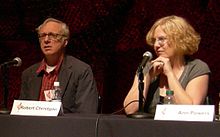 Ann Powers (right) contributed to the book, while Robert Christgau (left) loaned records from his personal collection to assist in the creation of the guide. Brooks-Christgau-Powers 01 (cropped).jpg