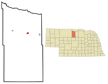 Brown County Nebraska Sisällytetyt ja rekisteröimättömät alueet Ainsworth Highlighted.svg