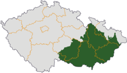 Moravie (green an dark grey) in relation tae the current regions o the Czech Republic