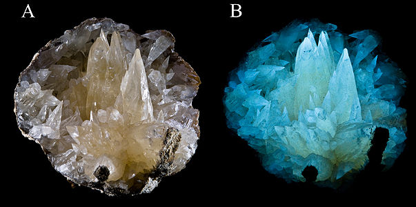Calcite - South Morocco -(5.9cm) A:Daylight B:Ultraviolet light