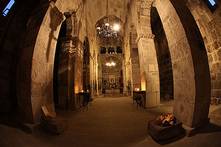 Interior of the Tsitsernavank Monastery, which dates to the 5th-6th centuries CE with little restoration since. It is believed to contain relics of St.George the Dragon Slayer and annual festivals here celebrate him.