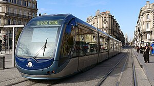 Silver-and-blue tram