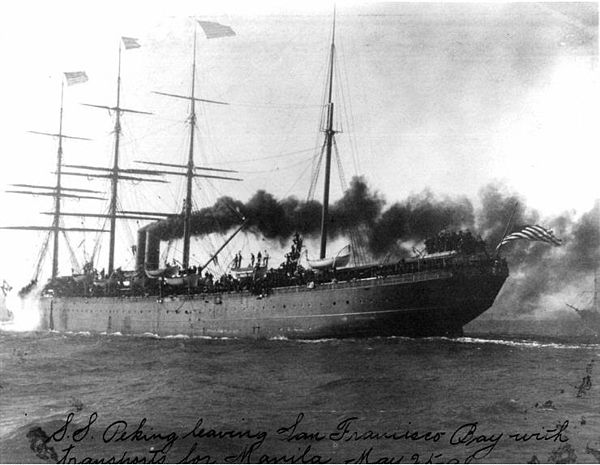 City of Peking. For many years she was the largest-tonnage U.S. ship afloat. She is seen here leaving San Francisco Bay with troops bound for the Phil