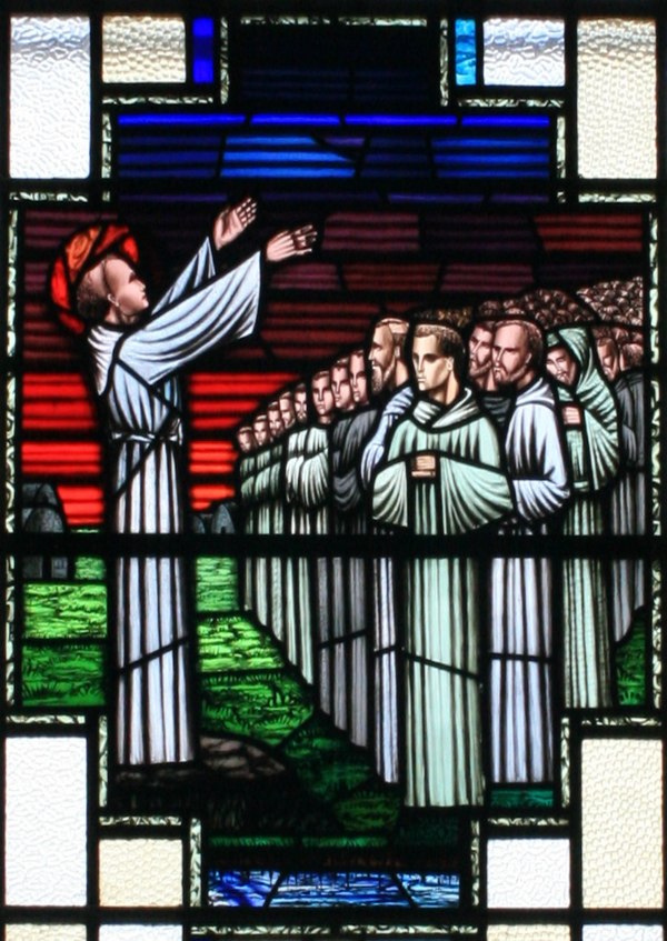 Finnian and his pupils in a stained glass window at the Church of St. Finian in Clonard