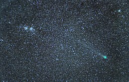 Image of the northwest corner of Perseus showing Comet Lovejoy and the Double Cluster. Trumpler 2 is on the left edge and DY Persei is visible as a faint red star nearby.
(Juan lacruz) Comet Lovejoy.jpg