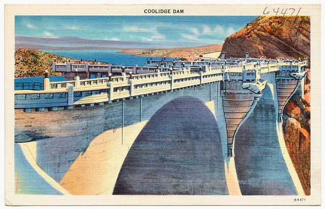 A postcard of US 70 (originally US 180) going across the top of Coolidge Dam.