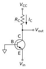 Figure 1: Basic NPN common base circuit with resistor load (neglecting biasing details). Signal is applied at Vin, output taken from node Vout may be a voltage or a current. Current follower resistor load.svg