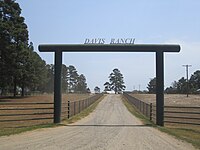 Entrance to Davis Ranch in Big Sandy, Texas; the Davis Ranch Arena hosts annual rodeo events, including a barrel race in October. Davis Ranch, Big Sandy, Texas IMG 5292.JPG