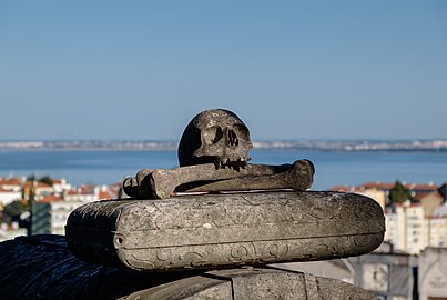 Detail of a grave with River Tagus in the background, Alto de São João cemetery, Lisbon Portugal