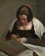 維拉斯奎茲的《縫紉女工（英語：The Needlewoman）》，74 × 60cm，約作於1640－1650年，來自安德魯·威廉·梅隆的收藏。[42]