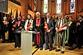 Cérémonie du Dies academicus en 2009, année du 450e anniversaire de l'UNIGE. De gauche à droite : Desmond Tutu, Mary Robinson, Jean-Dominique Vassalli, Pascal Lamy et Lyndon Evans.