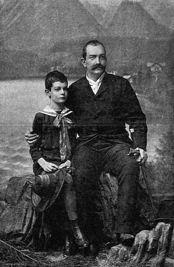 Young Alexander with his father King Milan in 1888 less than a year before Milan abdicated the throne in favour of his underage son